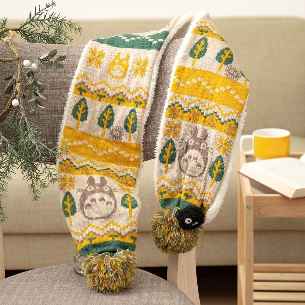 Studio Ghibli My Neighbor Totoro Knit Scarf Kids 41in Boa Beige Green Comforter