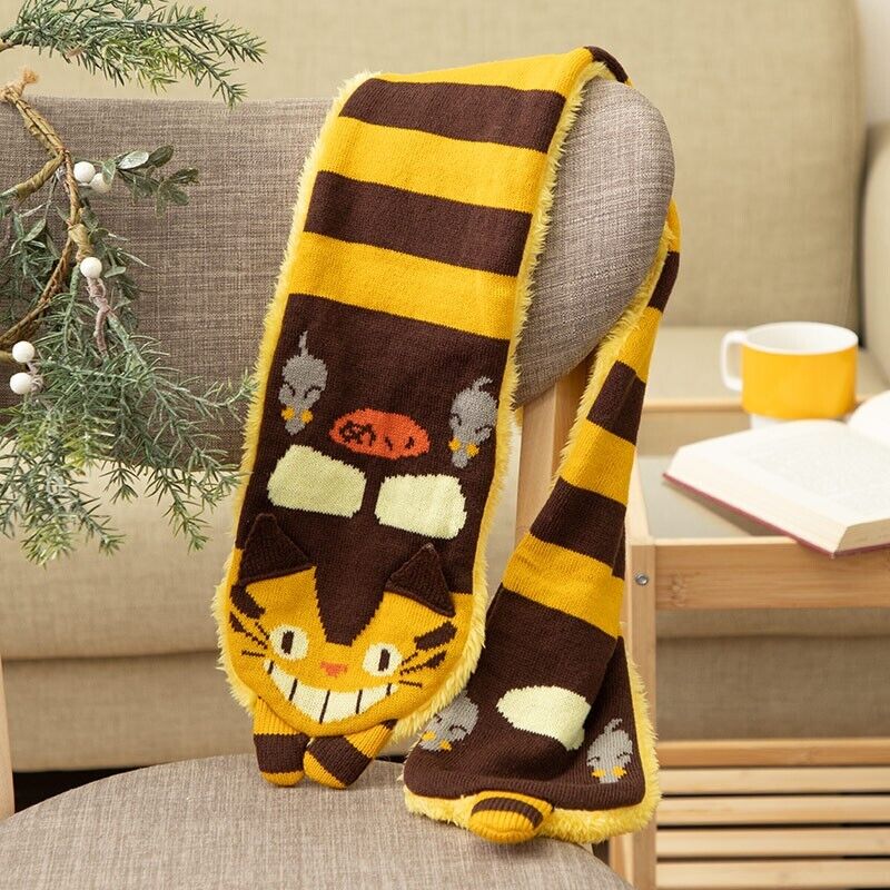 Ghibli My Neighbor Totoro Knit Scarf Kids 39in Cat Bus Boa Brown Yellow Border