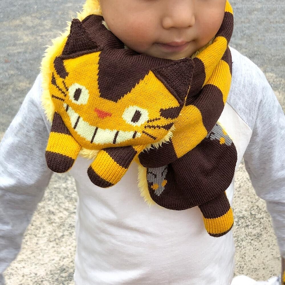 Ghibli My Neighbor Totoro Knit Scarf Kids 39in Cat Bus Boa Brown Yellow Border